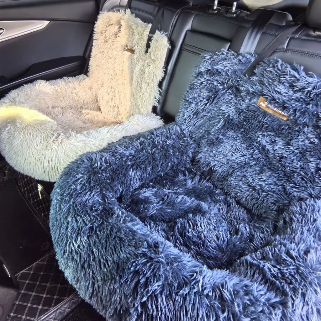 Vehicle-mounted thickened thermal pet mat on car seat showing raised sides and cloth material