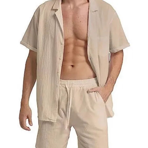 Men's flax linen short-sleeve top and shorts summer sports suit in army green
