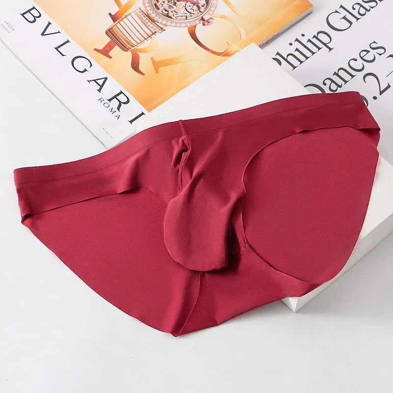 Men's seamless ice silk briefs in multiple colours showing bullet pouch separation design