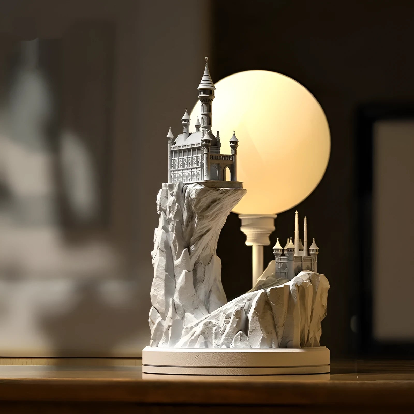 Small white composite gypsum desk lamp with a plug and wire-controlled switch.