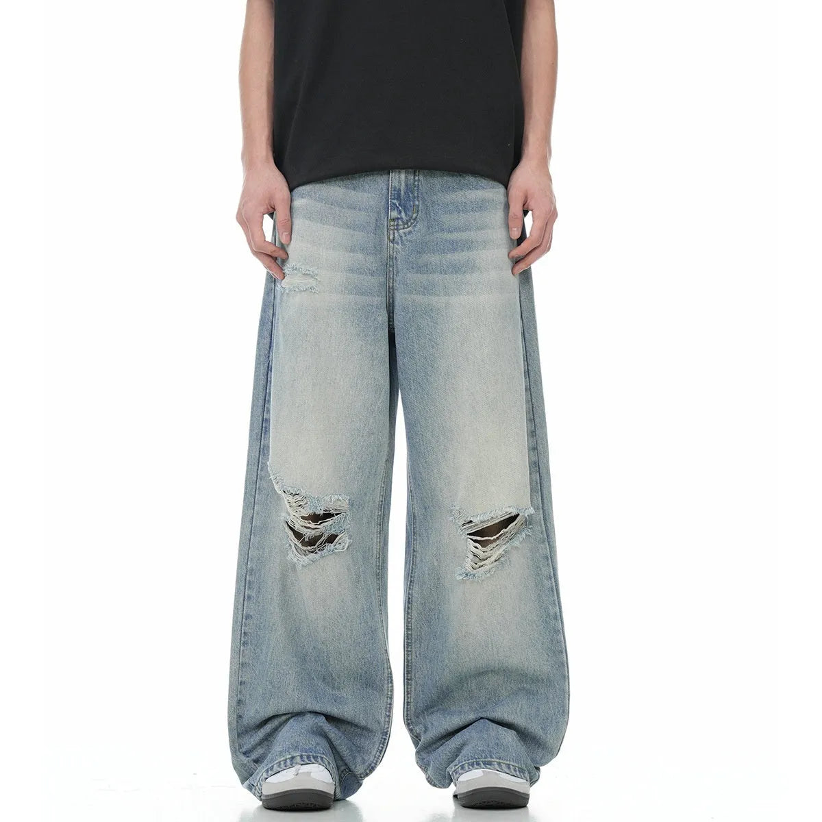 Blue men's straight-leg jeans with ripped knee detailing and a zipper fly