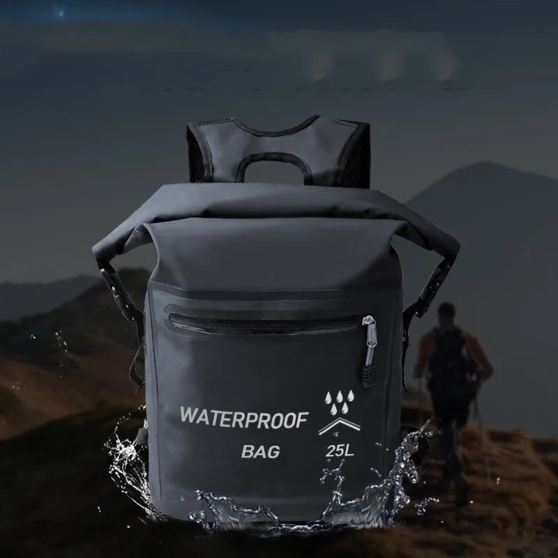 Black 25 litre waterproof backpack with mesh external clips for outdoor water activities