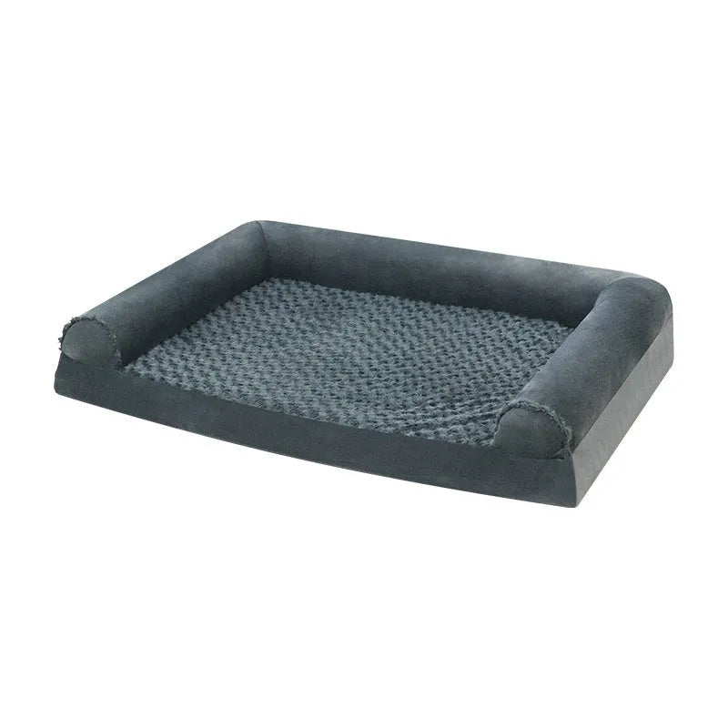 Light grey cloth dog kennel with fleece lining for a large dog, showing removable cover.