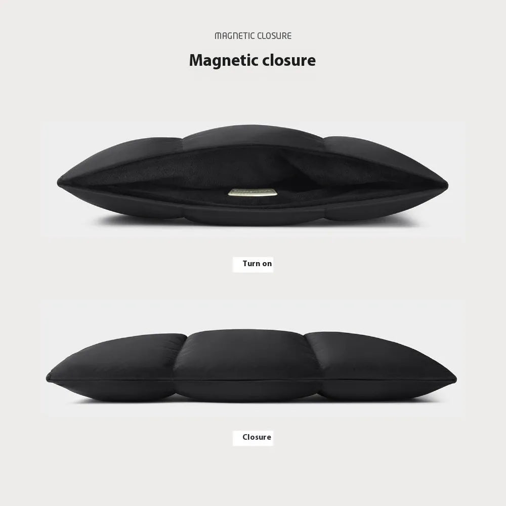 Soft black polyester laptop sleeve for a 13-15.6 inch laptop, showing fluffy texture and sewing thread detail.