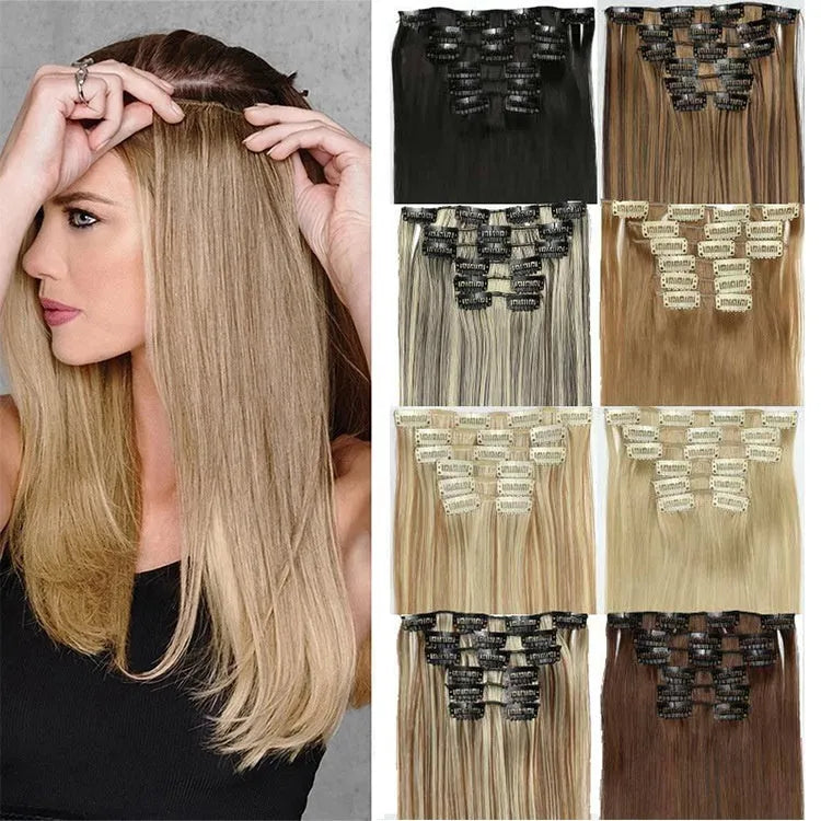 6-piece long straight synthetic wig extensions in 60cm length with multiple colour options