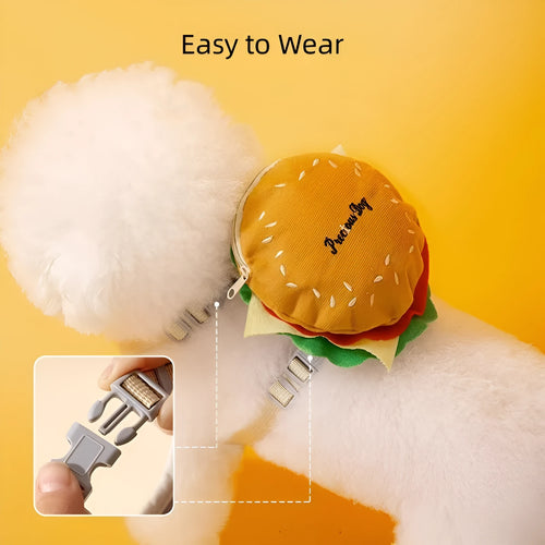 Burgundy red and blue cartoon hamburger chips design pet walking vest with leash and backpack