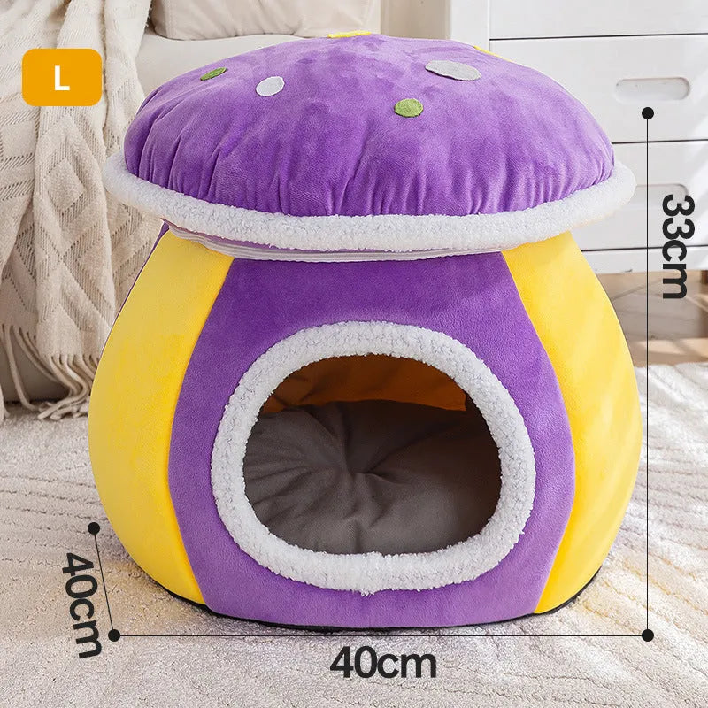 Grey mushroom-shaped plush cat bed with a detachable rabbit blanket for winter warmth.