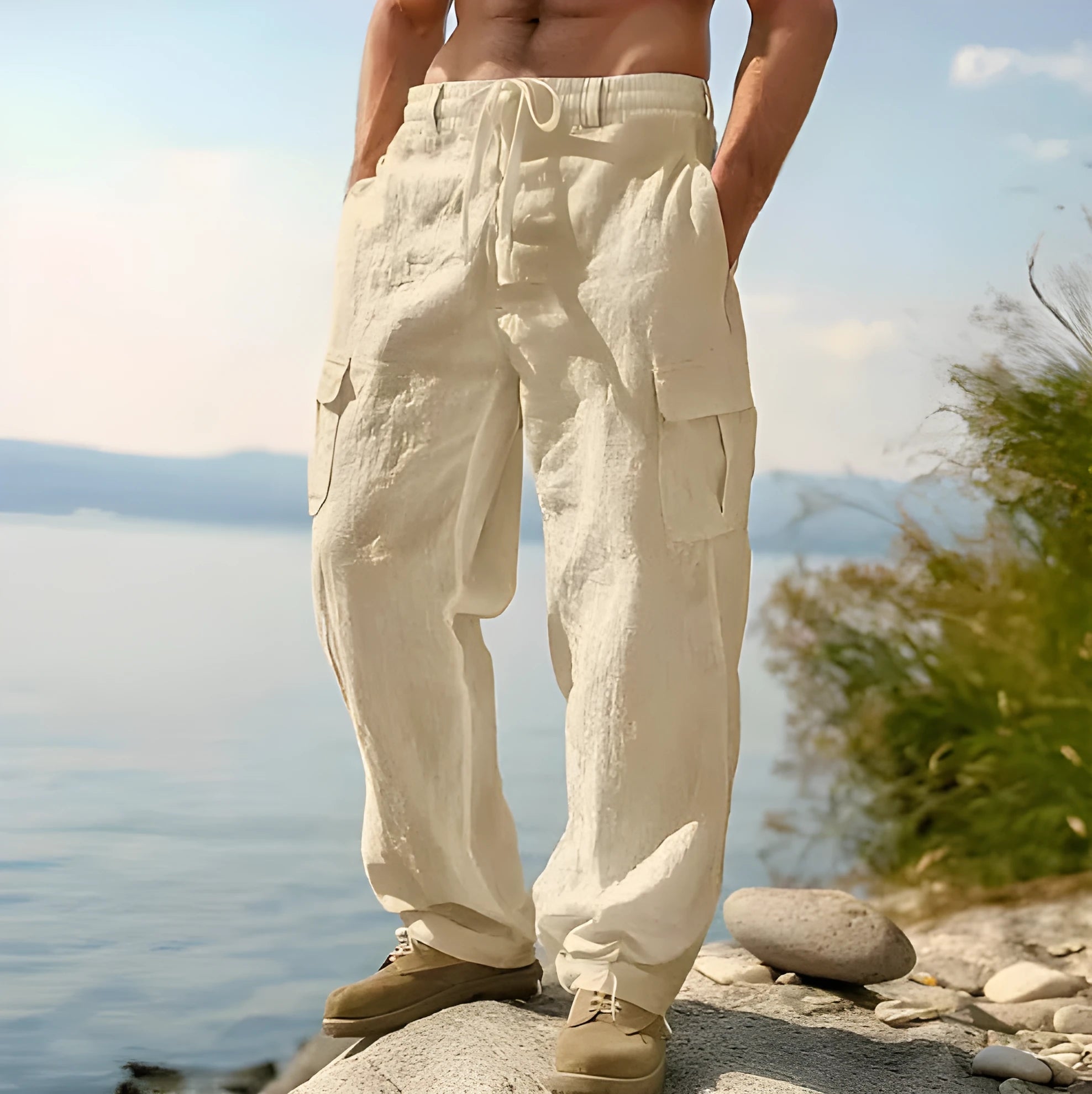Men's cotton wide-leg casual trousers in light army green colour showing relaxed fit and mid-waist design