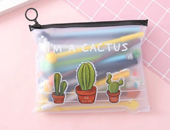 Plastic pen case open showing twenty colourful cartoon cactus design pens with 0.5mm black tips