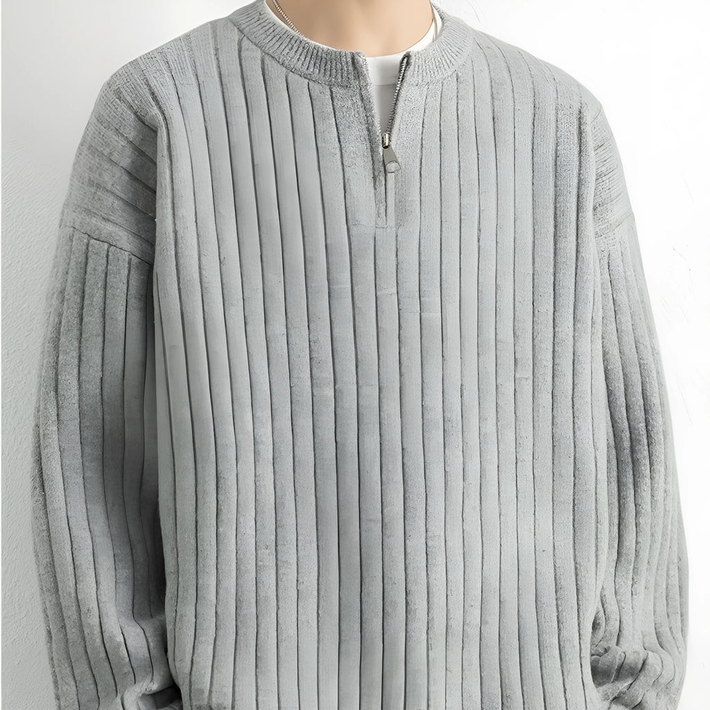 Men's grey half zip sweater with texture knit fabric and loose fit design