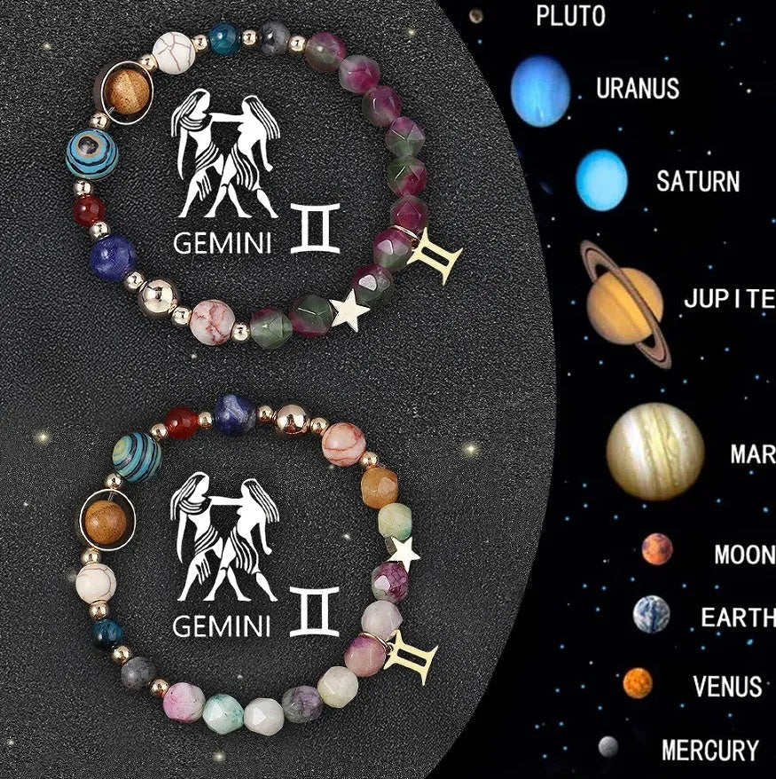 Set of two natural stone beaded bracelets for the twelve zodiac signs.