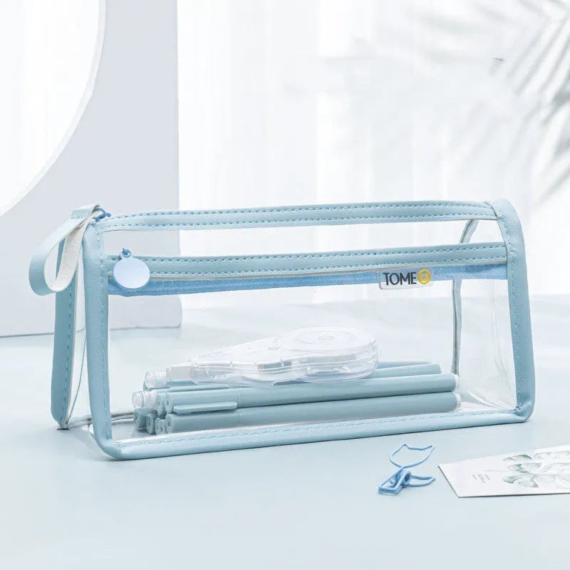Transparent double-layer pencil case showing two compartments, 220x110x80mm dimensions