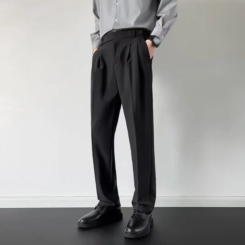 Men's straight-leg suit trousers in apricot and black colours with loose fit design