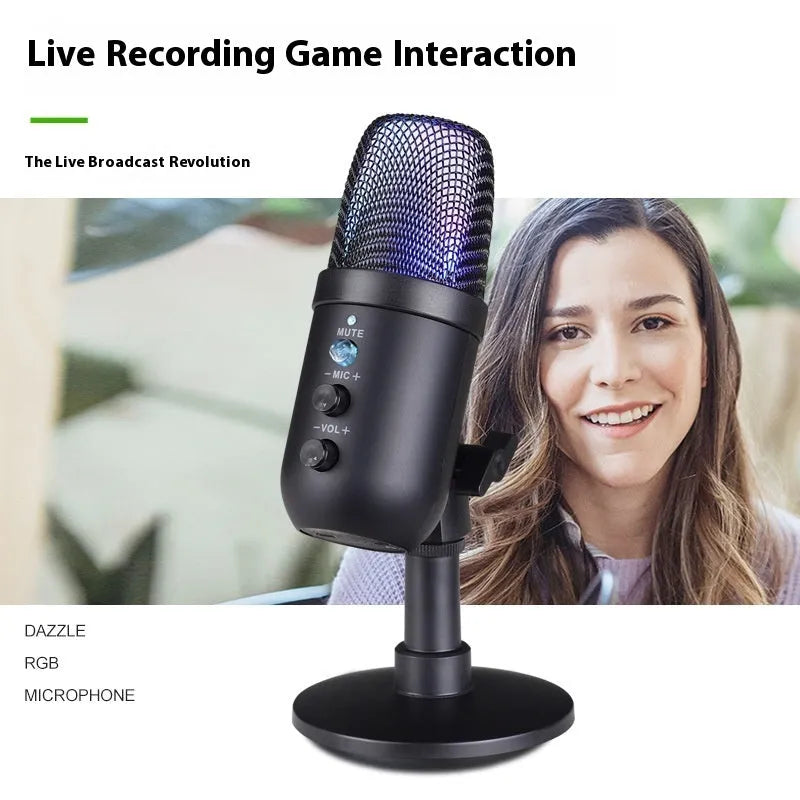 Black USB microphone with RGB lighting for computer and mobile phone recording