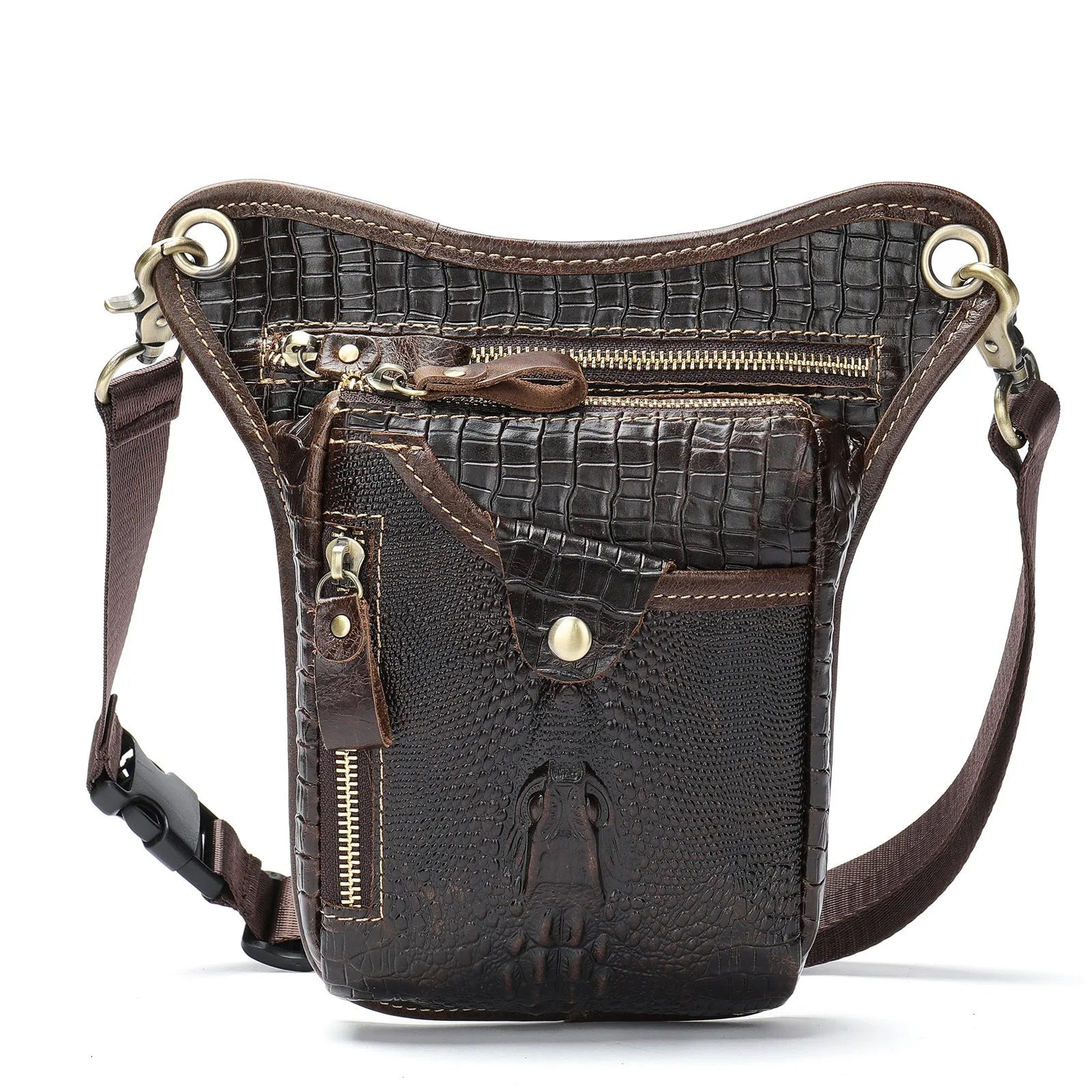 Men's brown crazy horse leather vintage satchel bag with a flap closure and adjustable shoulder strap.