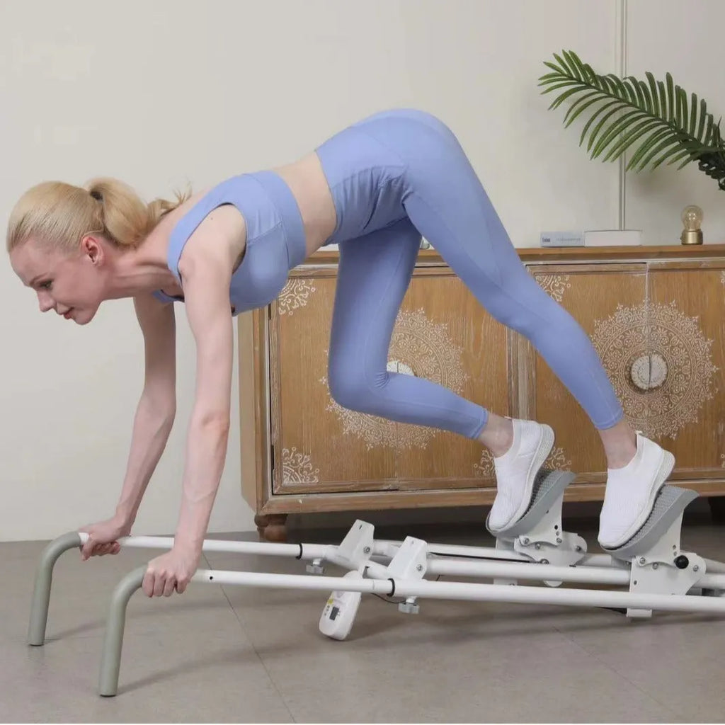 White foldable home treadmill with integrated climbing frame folded for compact storage
