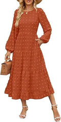 Women's long sleeve high waist casual dress with ruffled sleeves in a solid colour.