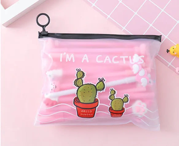 Plastic pen case open showing twenty colourful cartoon cactus design pens with 0.5mm black tips