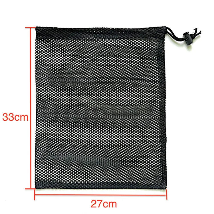 Black mesh drawstring storage bag for children's water balls and toys, shown in three available sizes.