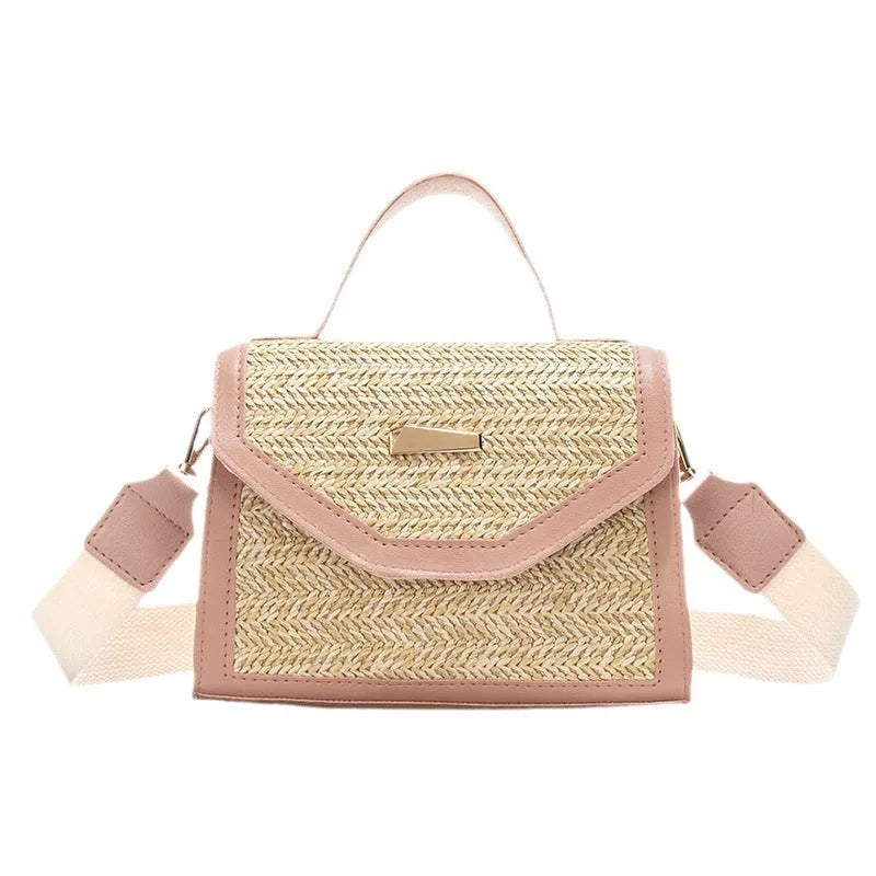 Simple woven sequin decorative crossbody small square straw bag in black with flap closure