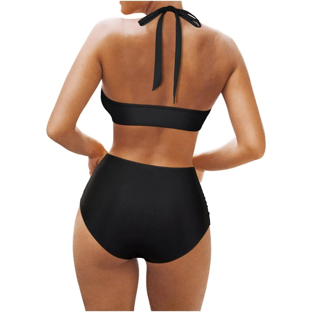Women's two-piece bikini swimsuit in leopard print, rose red, or black, showing top and briefs.