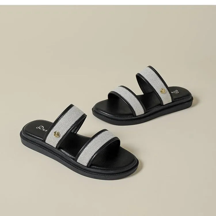 Brown and black vintage women's soft bottom flip-flops with artificial PU upper