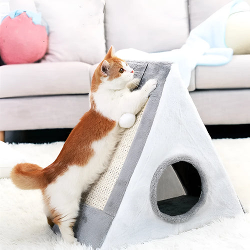 Triangle-shaped cat bed with sisal scratching corners in grey and white colour combination
