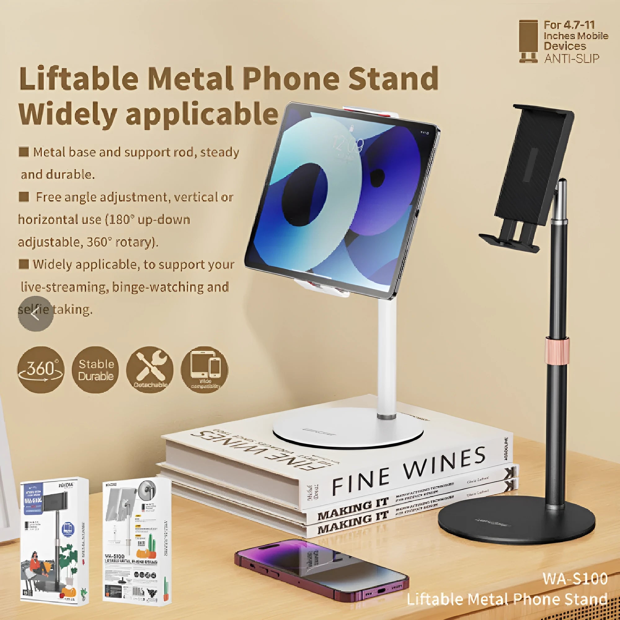 Adjustable metal tablet bracket with telescopic arm extended to maximum 200mm height