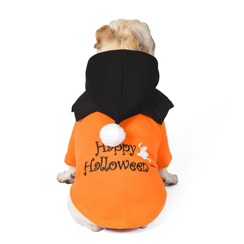 Black and orange Halloween pumpkin themed two-piece dog sweater and shawl set.