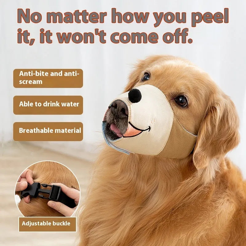 Canvas basket-style dog muzzle in Ollie Brown Bear colour shown on a medium-sized dog.