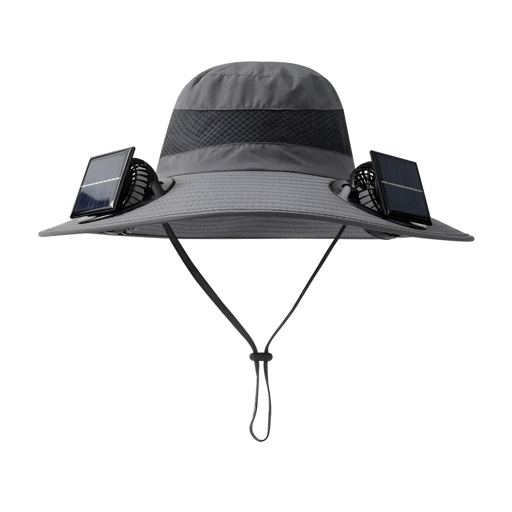 Men's grey solar-powered fan hat with integrated cooling fan and wide brim for sun protection.