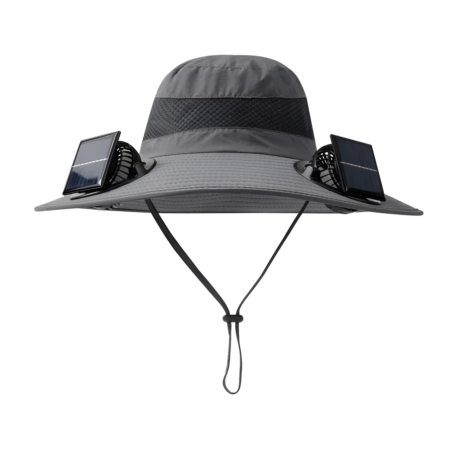 Men's grey solar-powered fan hat with integrated cooling fan and wide brim for sun protection.