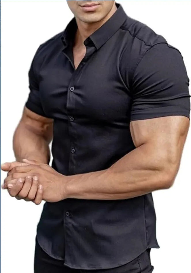 Men's short sleeve printed casual shirt in polyester, shown in multiple colour options.