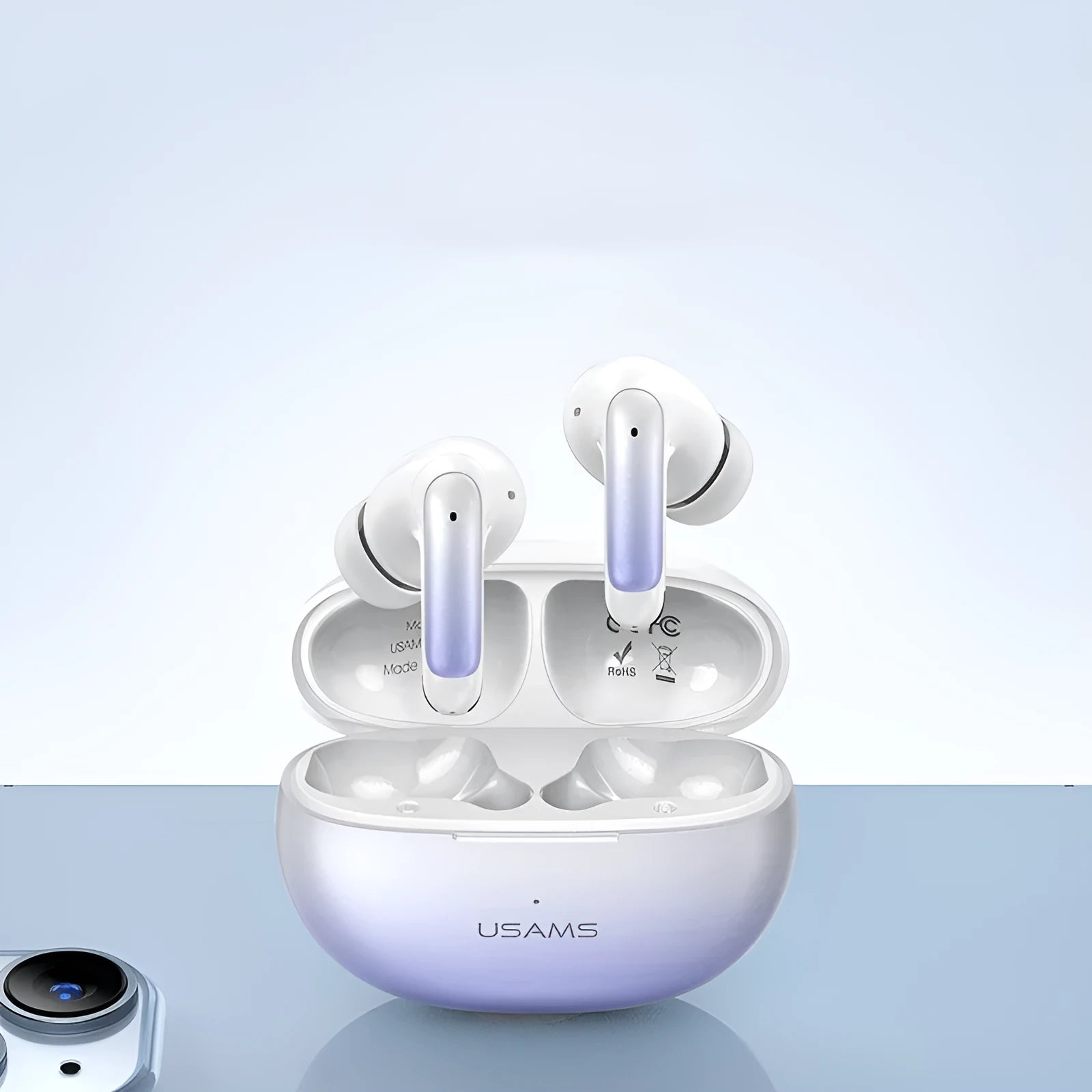 Wireless in-ear gaming headset in gradient blue colour with low latency and IPX4 waterproof rating.