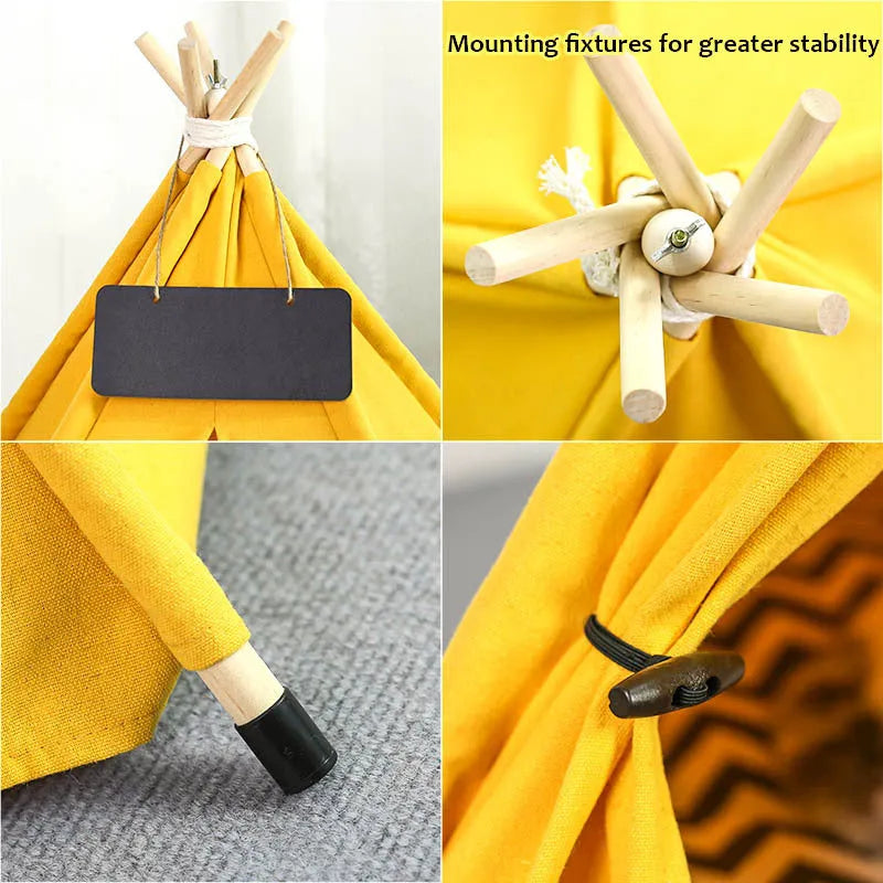 Portable pet teepee tent with cushion for small dogs cats rabbits in linen material