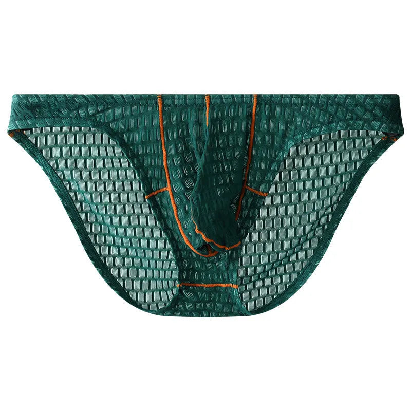 Men's low-waist lace briefs in white, black, green, red, and purple colours laid flat.