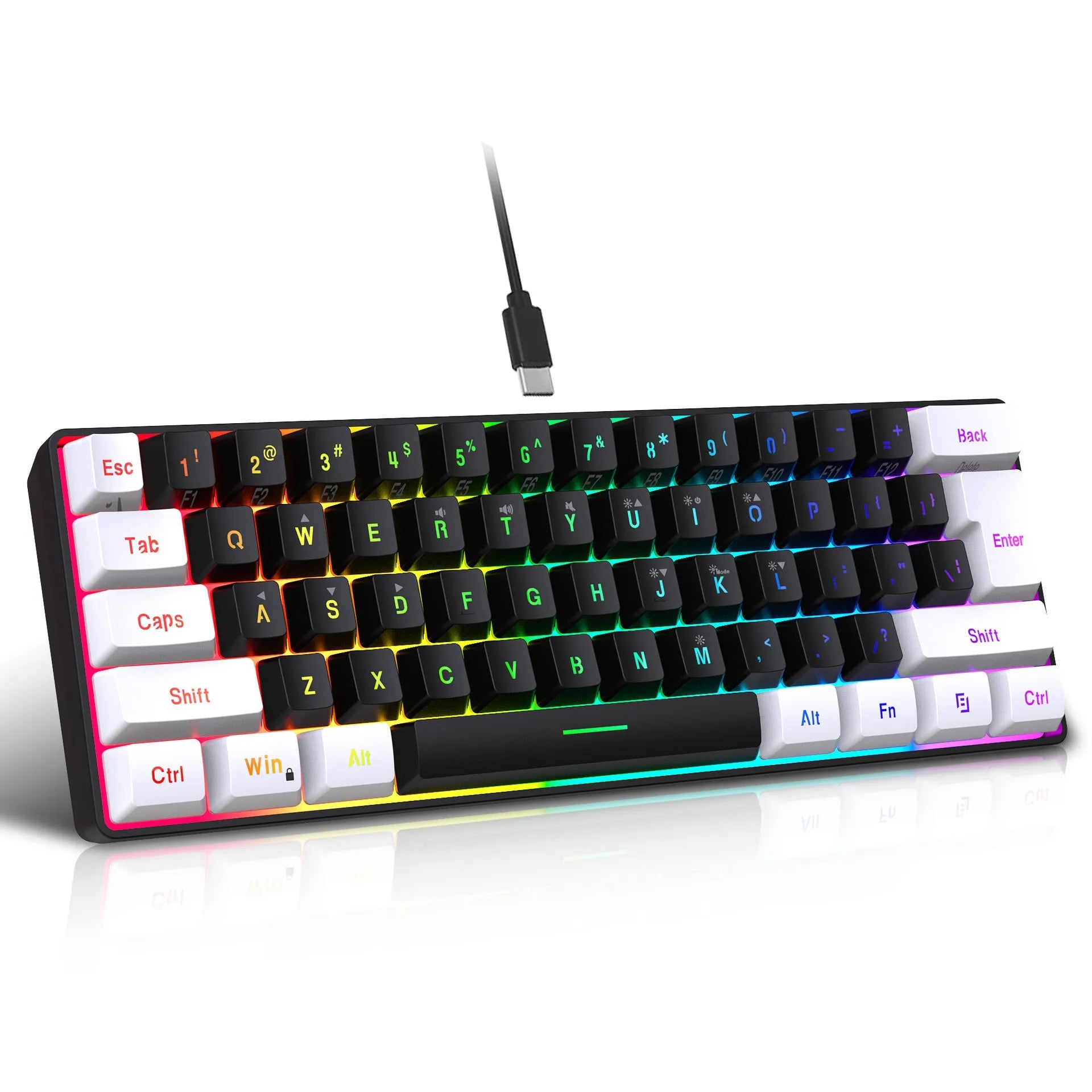 White and black wired 61 key membrane keyboard with compact design and USB cable