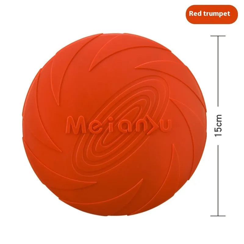 Dogs Base soft rubber dog frisbee toy in red, blue, and green colours shown in small, medium, and large sizes.