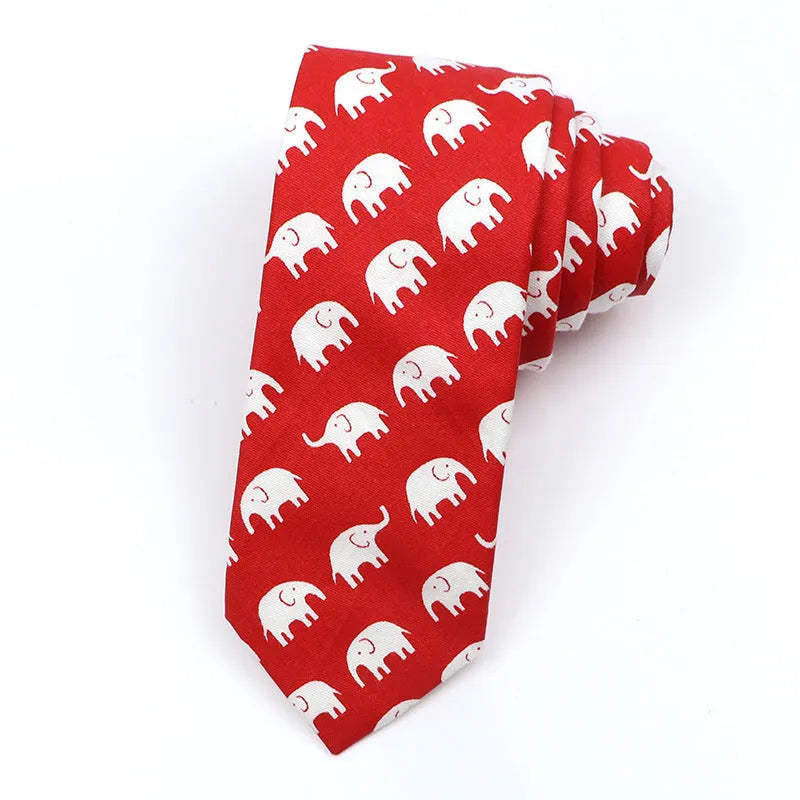 Korean style narrow men's cotton bow tie with a printed cartoon pattern in a selected colour.