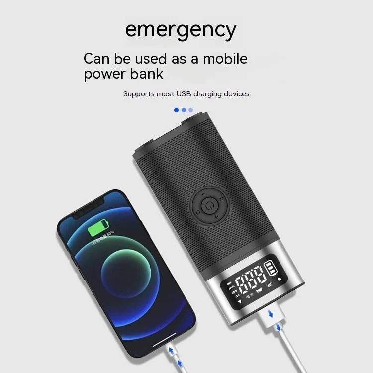 Black portable wireless smart air pump with USB Type-C charging cable, 15cm tube, and multiple inflation nozzles.