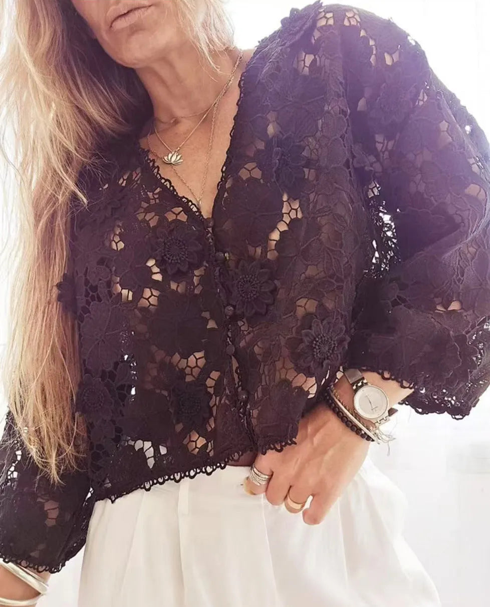 Women's white lace V-neck cardigan with three-dimensional floral decoration and long sleeves