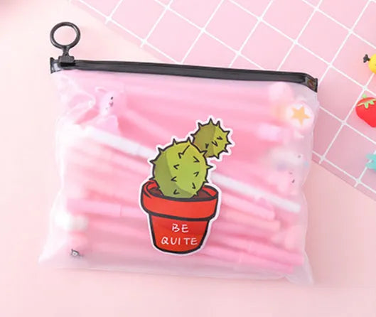 Plastic pen case open showing twenty colourful cartoon cactus design pens with 0.5mm black tips
