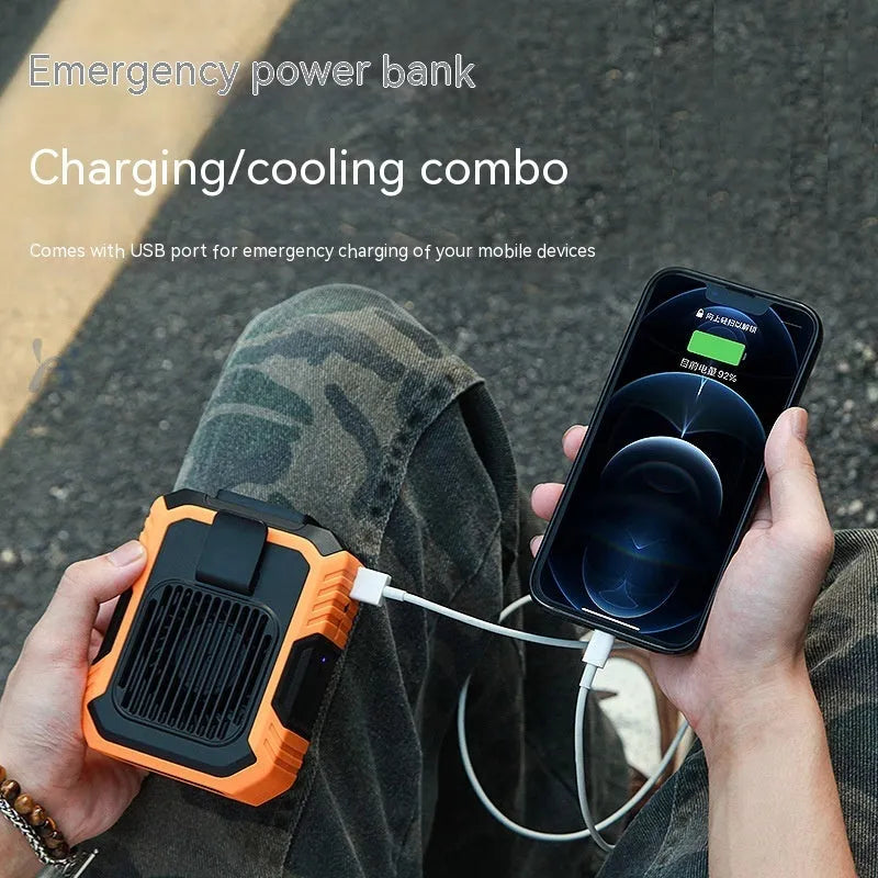 Green wrist hanging personal fan with light and USB charging port, shown with silicone neck strap.