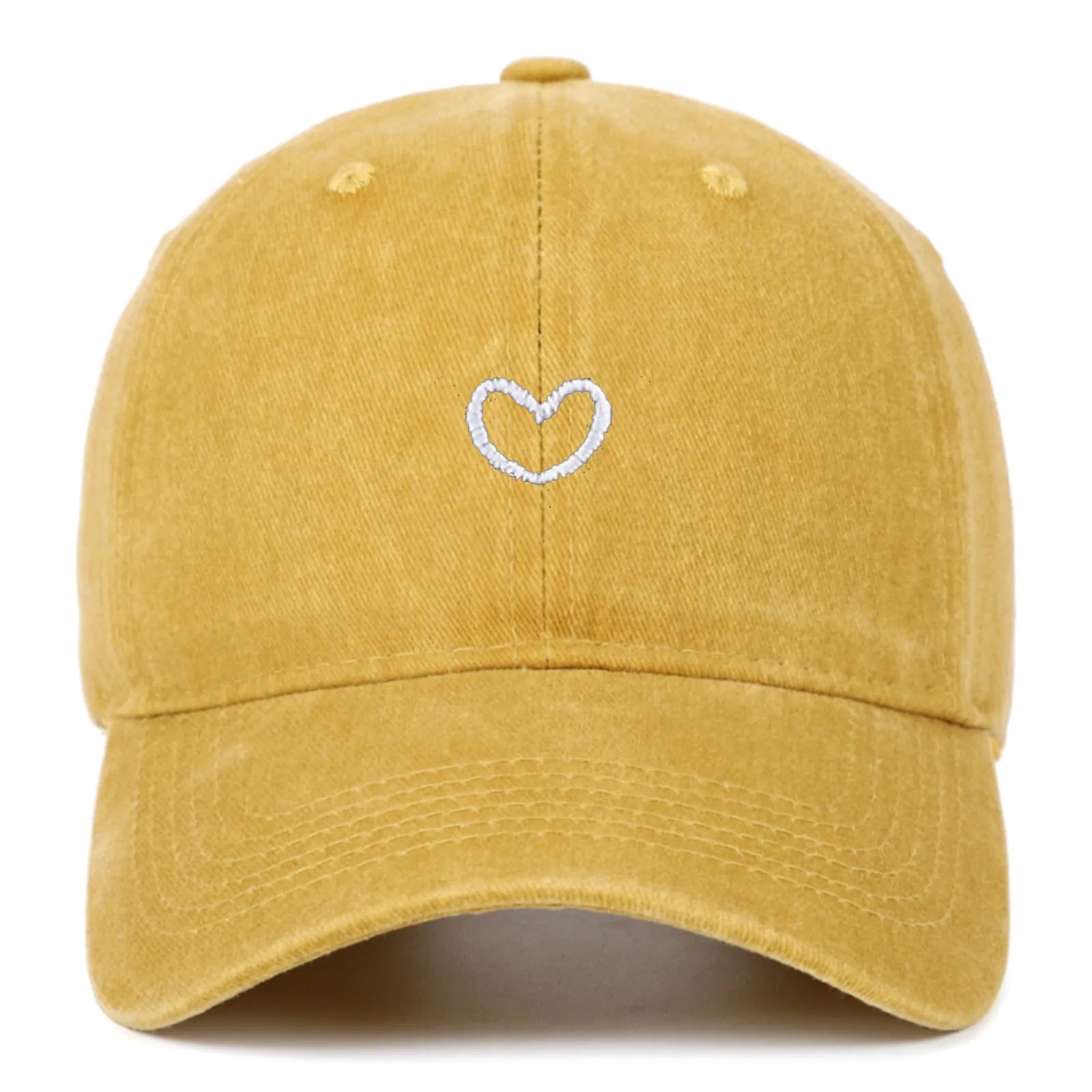 Retro style baseball cap with small love embroidery on cotton fabric in an adjustable dome crown design.