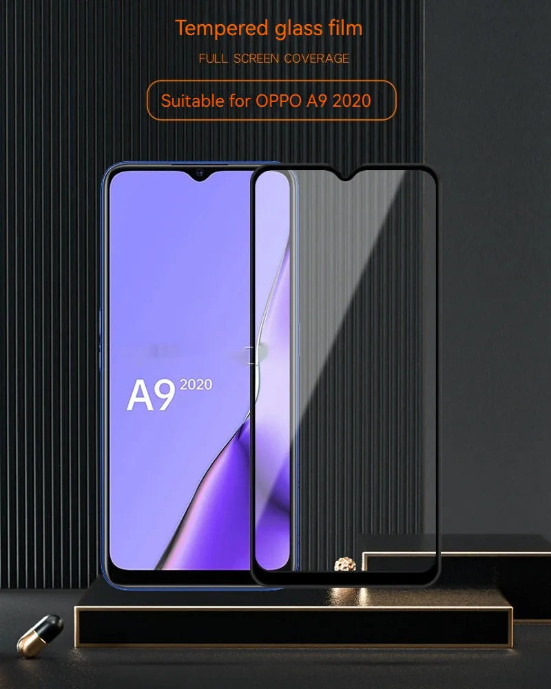 OPPO A9 2020 full screen tempered glass protector with black colour options and anti-fingerprint coating