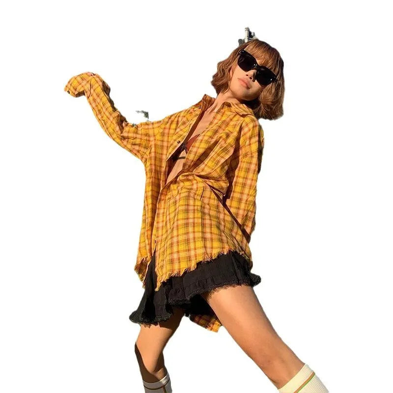 Dopamine yellow plaid shirt in loose fit cardigan style with polyester blend fabric