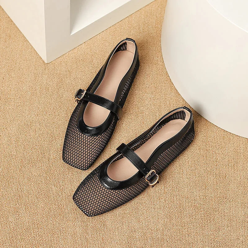 Women's beige mesh pump with square toe and adjustable buckle on flat heel.