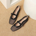 Women's beige mesh pump with square toe and adjustable buckle on flat heel.