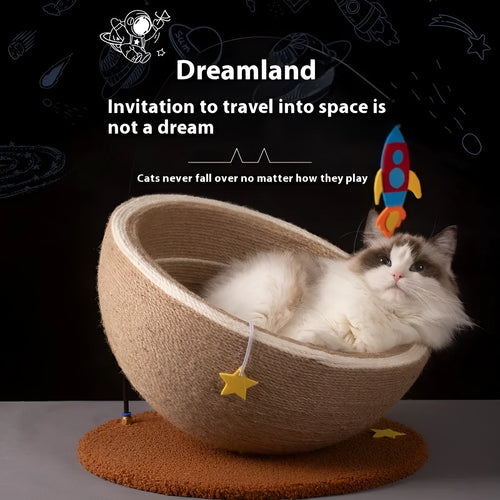 Large grey cat scratching basin and nest with sisal rope scratching surface and starry pattern design