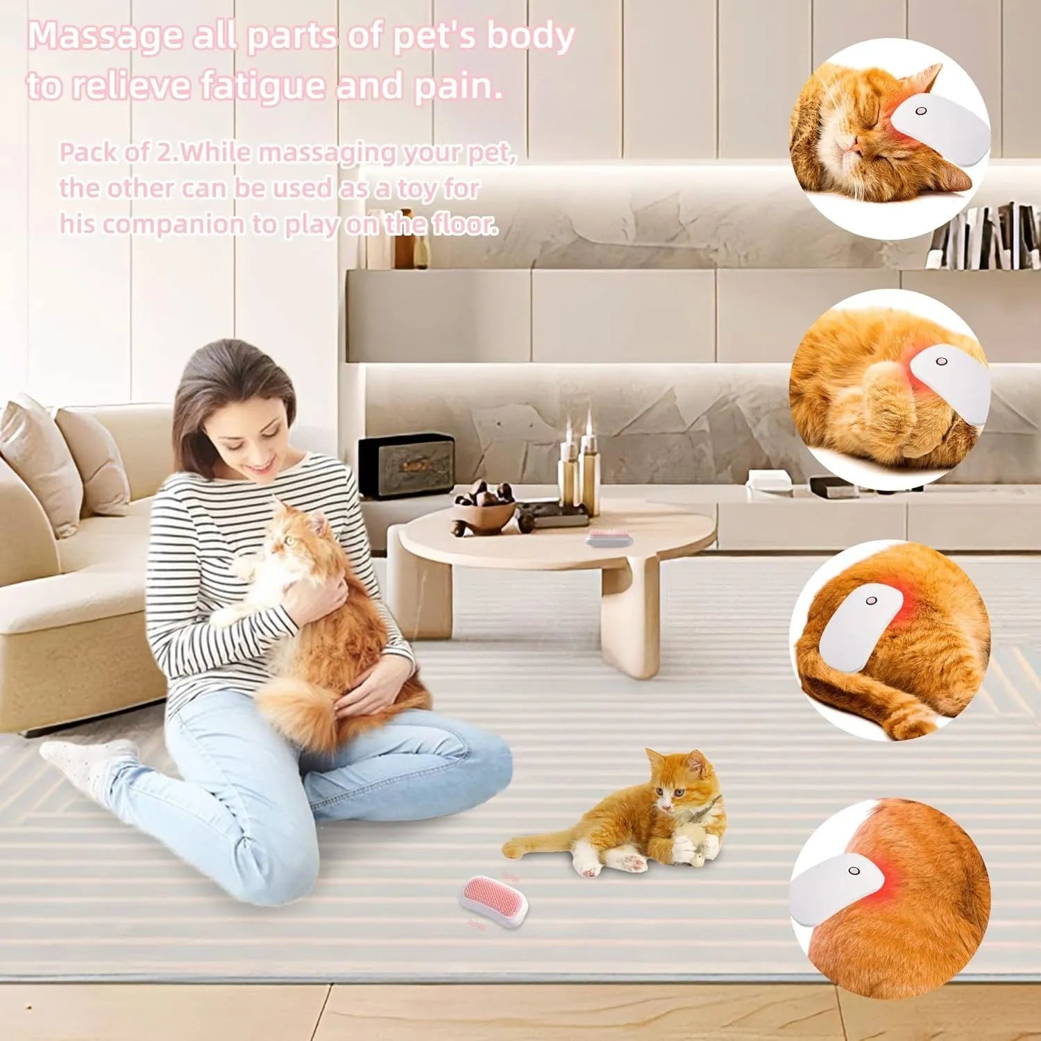Light pink handheld electric vibration brush for grooming cats and dogs on a white background.